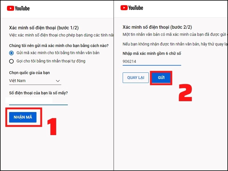 Cung cấp số điện thoại để nhận mã xác minh từ Youtube