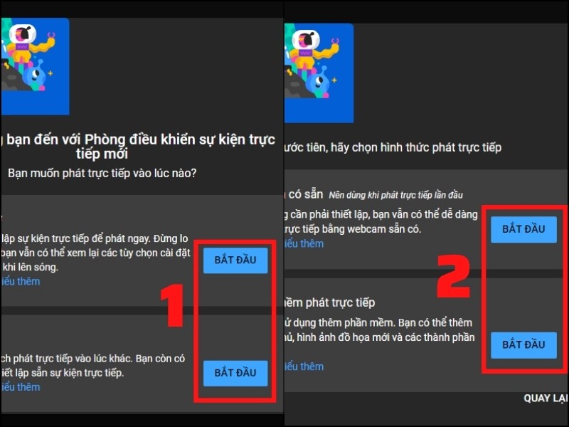 Nhấn bắt đầu để lựa chọn các cài đặt live game