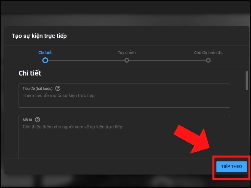 Điền các thông tin cho buổi phát trực tiếp trên youtube