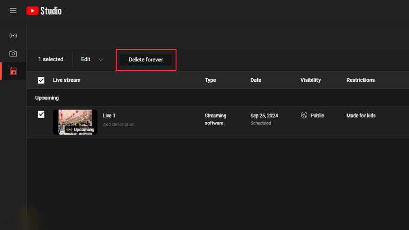 Ấn Delete forever để xóa video live game trên Youtube vĩnh viễn 