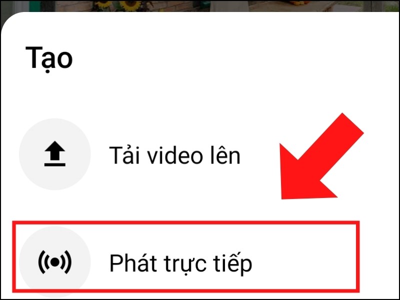 Ấn vào mục “phát trực tiếp” trên Youtube