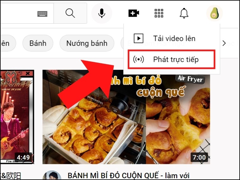 Lựa chọn mục phát trực tiếp Youtube trên máy tính 